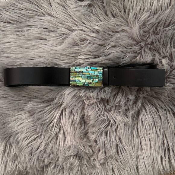 Streets Ahead Vintage Turquoise Mosaic Inlay Black Leather Belt Size M main image 7